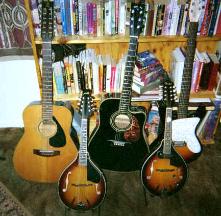 These are some of my favorite buddies. The black acoustic was a gift from the parents in 1990. The 12-string was a gift from a special lady who I have not been able to find in many years. I owe her an apology. The electric and the two mandolins are recent aquaintances. I hope to know them always.
